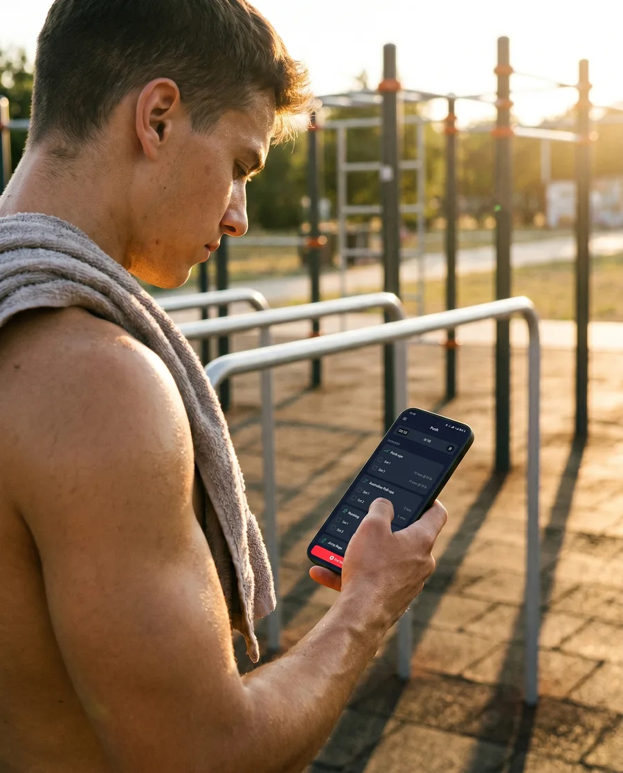Athlete running a live Onbars workout at a street workout park