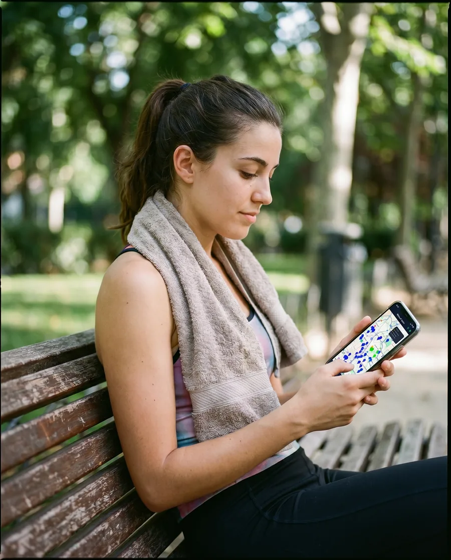 Athlete resting on a bench checking the Onbars map