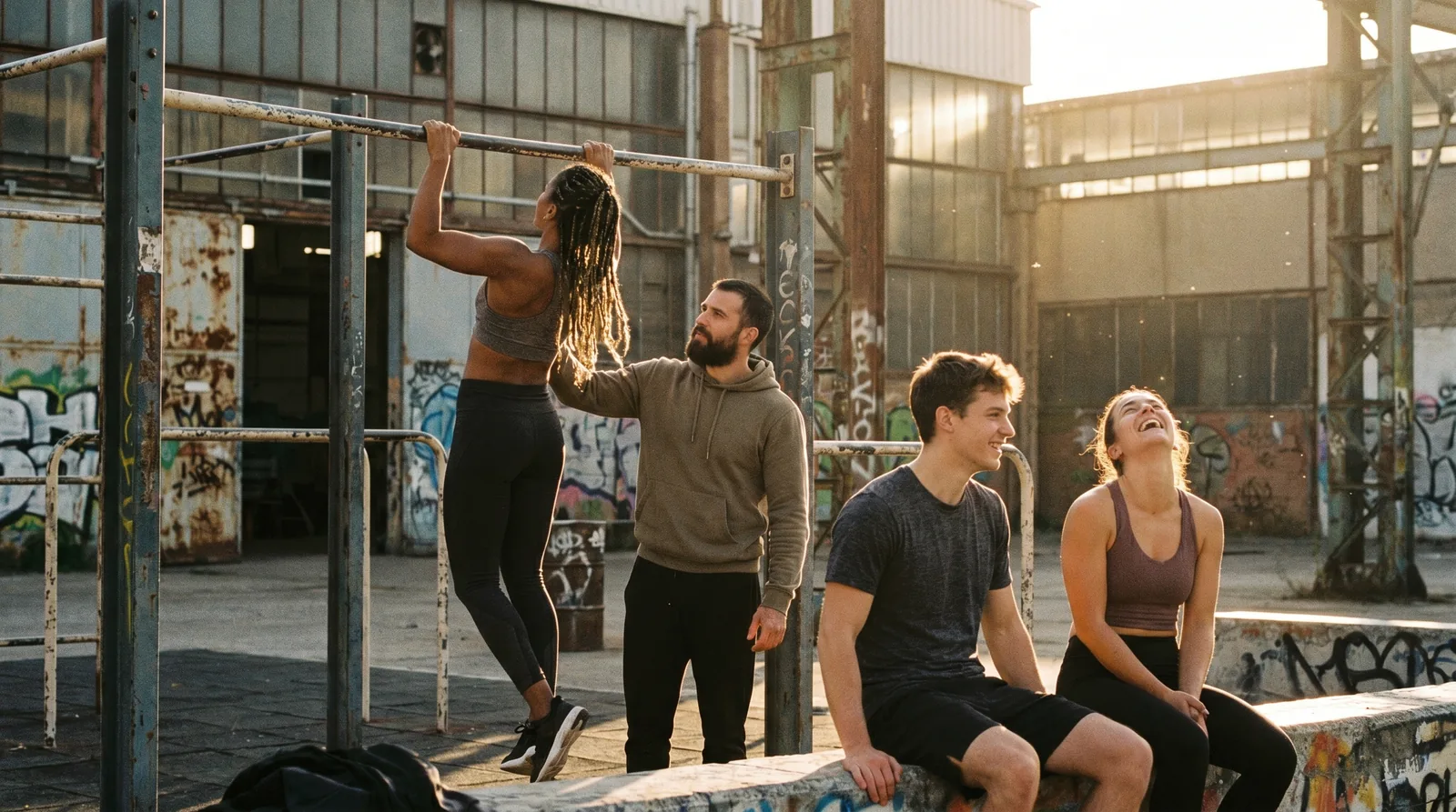 A diverse crew of athletes training together at an outdoor calisthenics park at golden hour