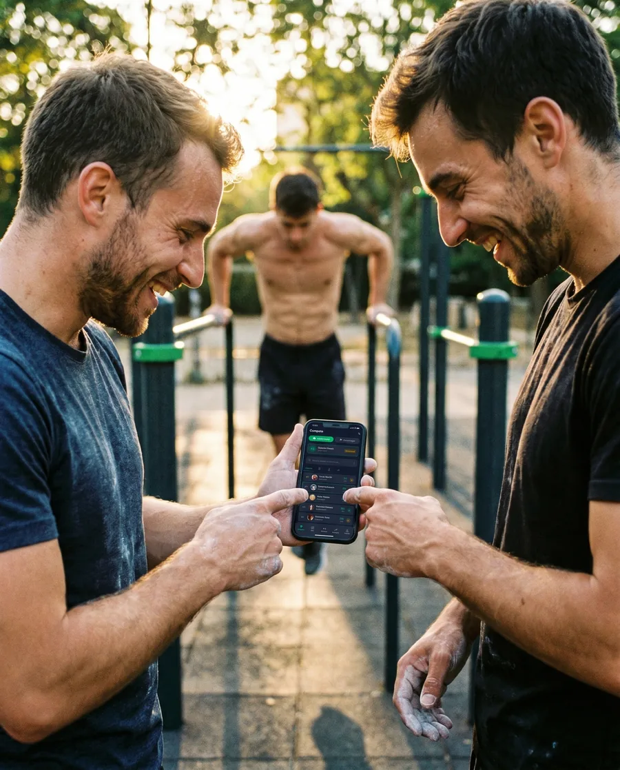 Two athletes laughing while comparing their Onbars stats at a street workout park