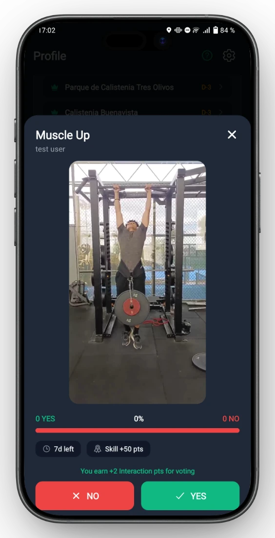 Community vote on a Muscle Up skill video in the Arbitrage tab